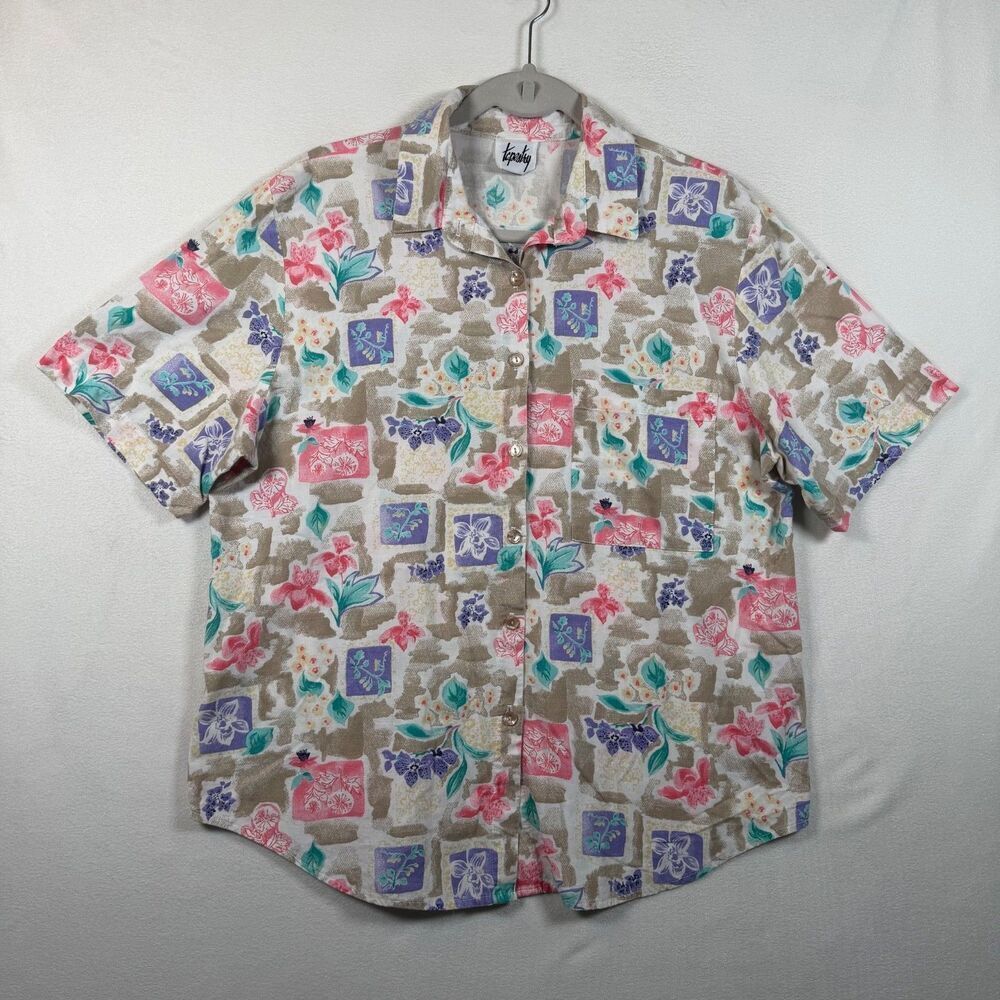 Tapestry Vintage 90s Floral Button Up Shirt Women L Abstract Pastel Short Sleeve